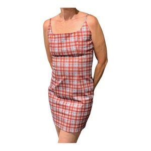 Papaya Fitted Stretch Mini Dress Red White Gray-Blue Check Women's  L